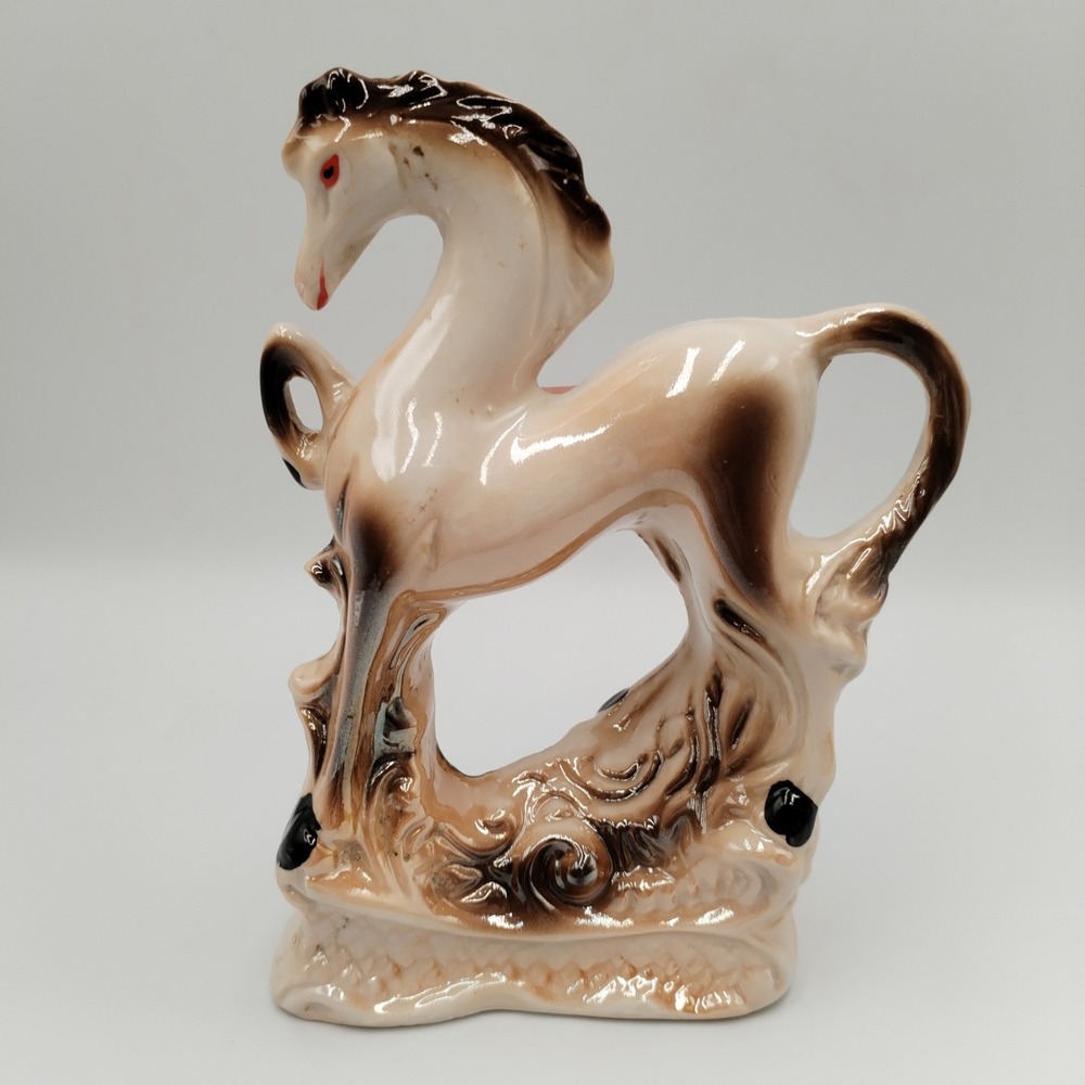 Vintage Ceramic Rearing Horse Figurine Glazed Tan Brown Stallion Made In Brazil